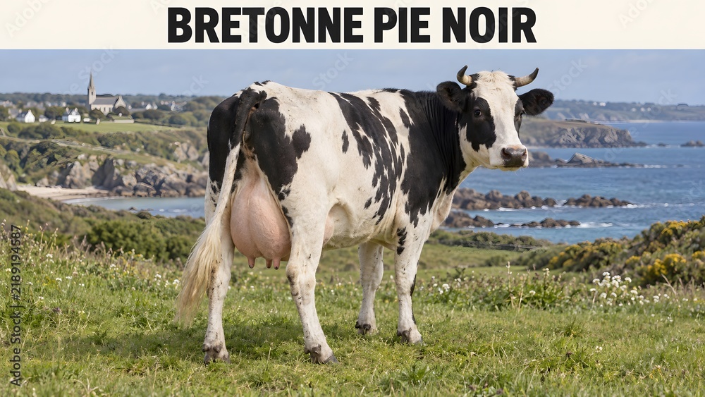 Fototapeta premium Small Bretonne Pie Noir dairy cattle from Brittany, known for black-white markings and rich milk.