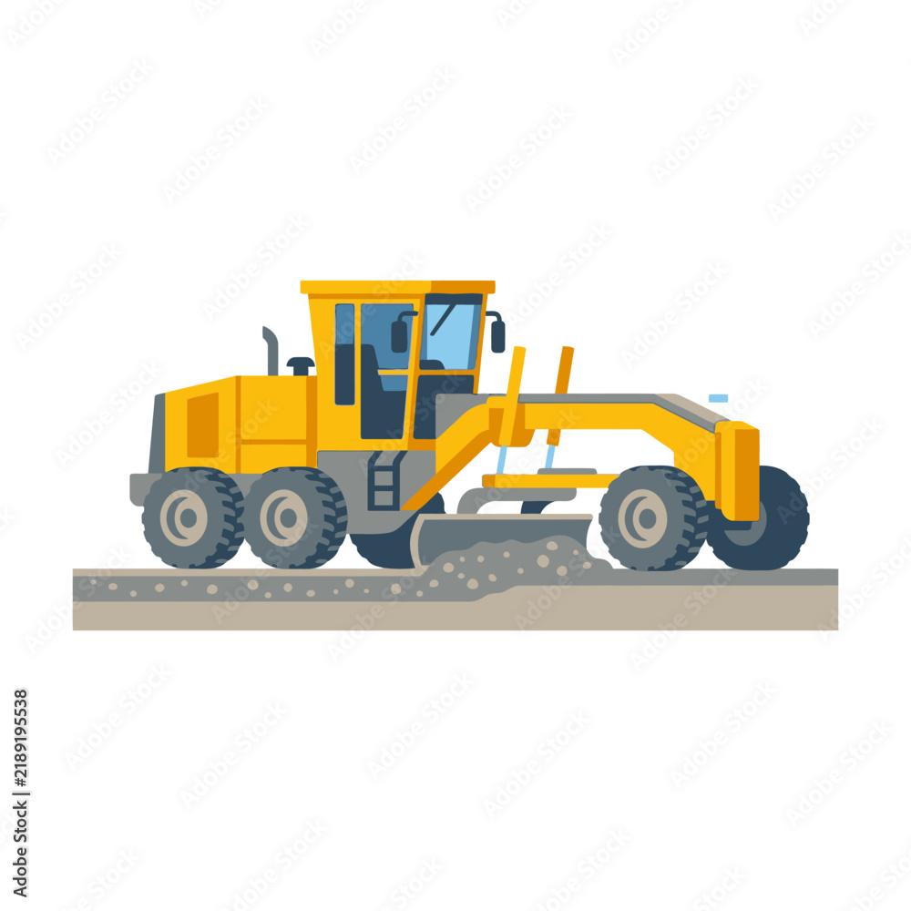 Fototapeta premium Yellow Motor Grader Illustration Leveling Gravel on Road Surface