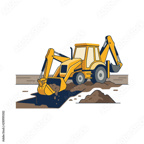 Yellow backhoe loader digging dirt vector illustration for construction and industrial projects