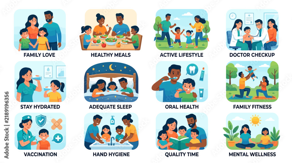 Fototapeta premium Family Wellness and Healthy Lifestyle Vector Illustration Set Featuring Daily Habits and Medical Care Scenes