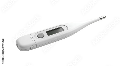 Digital medical thermometer on white background, electronic clinical body temperature gauge, healthcare diagnostic tool for fever