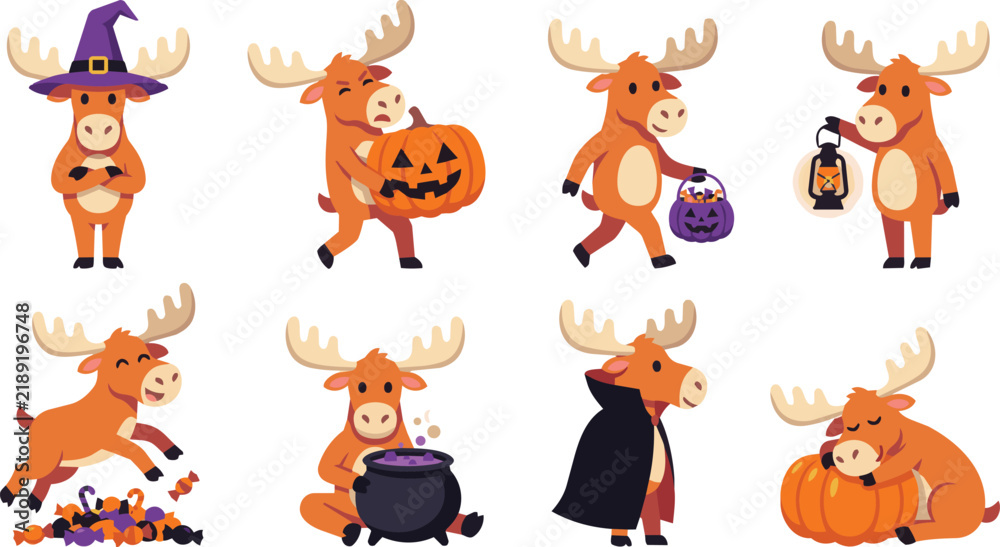 Obraz premium Halloween Moose Mascot Character Set Vector Illustration, Pumpkin Candy Basket Jumping Vampire Cape Cute Flat Design Isolated