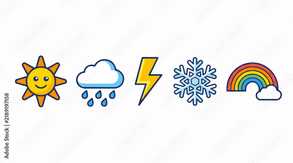 Obraz premium Weather icons set with sun, rain cloud, lightning bolt, snowflake and rainbow. Cartoon meteorology symbols for forecast apps and education.