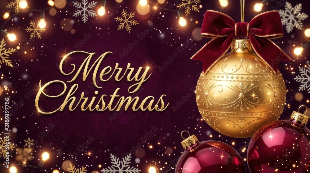 Fototapeta premium Elegant Merry Christmas greeting with festive ornaments and sparkling lights