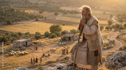 Biblical patriarch watching over his descendants village and grazing sheep at golden hour