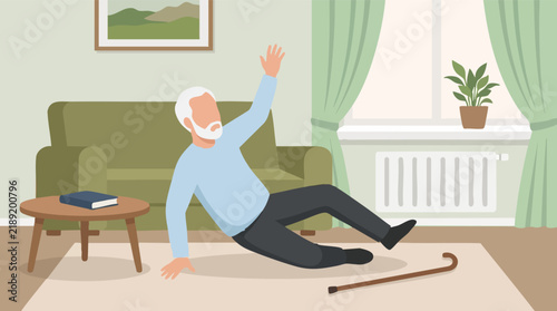 Elderly man falling at home, accident in living room with a cane on floor