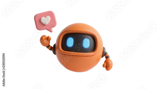 Orange cartoon robot with blue eyes holding a pink speech bubble with a white heart, isolated on transparent background