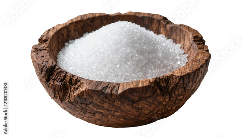 Принти на полотні Granulated white sugar piled high in a rustic wooden bowl, isolated on transpare