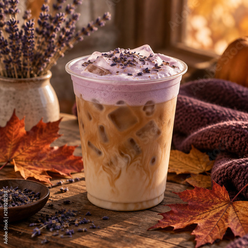 Iced lavender latte with creamy purple foam topping, served in a clear plastic cup on a rustic wooden table with autumn leaves and dried lavender flowers