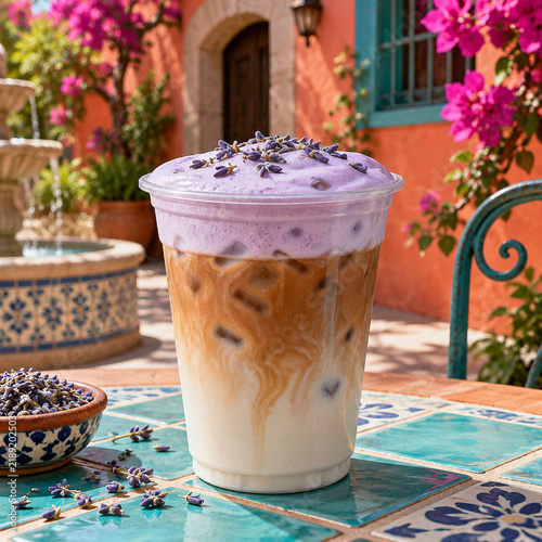 Iced lavender latte with purple foam topping in a clear plastic cup on a decorative tiled table in a sunny mediterranean courtyard setting