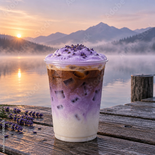 Iced lavender latte with purple foam topping on a wooden dock by a misty mountain lake at sunrise