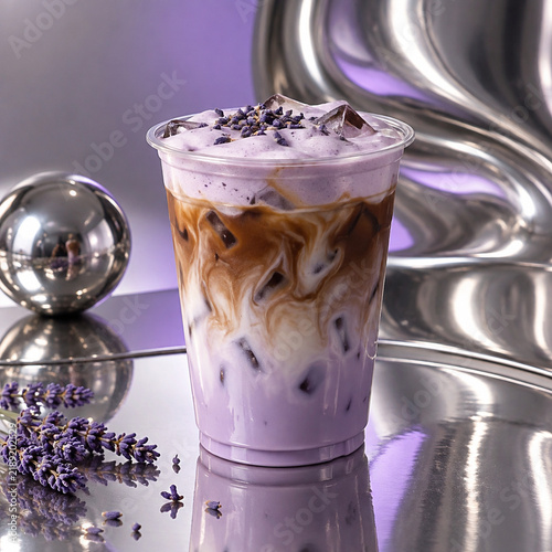 Iced lavender latte with coffee and milk in a clear plastic cup, garnished with dried lavender buds, set on a reflective silver surface with purple background
