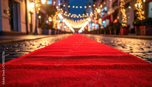 Red carpet rolls out on cobblestone street, illuminated by soft string lights. Evening street scene