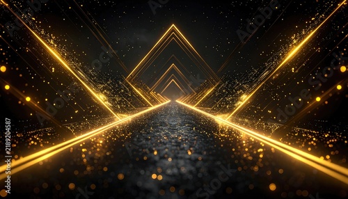 Golden pyramid tunnel with sparkling lights on a black surface, vanishing into the distance