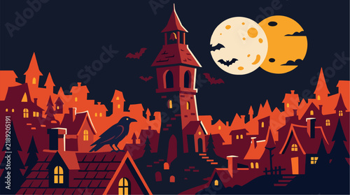 Spooky Halloween village at night featuring a large crow, bats, and a stylized moon over a dark town.