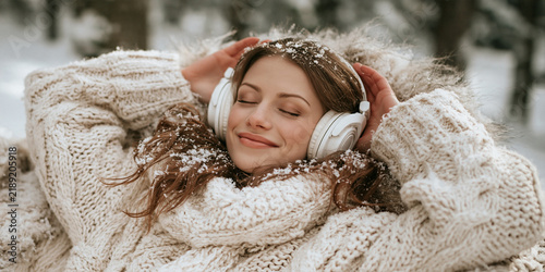 A young woman wearing headphones, enjoying a peaceful moment outdoors in a snowy environment, wrapped in a cozy knitted blanket. Her eyes are closed, and a gentle smile graces her face.