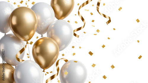 Gold and white balloons with gold ribbons and confetti, isolated on transparent background