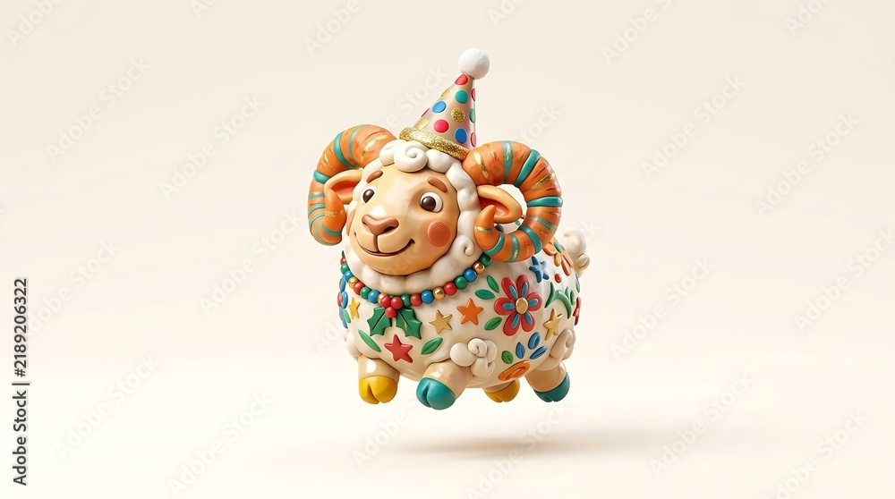 Fototapeta premium Decorative hand crafted ram figure wearing a festive party hat with floral patterns and colorful artistic textures perfect for cheerful holiday celebrations and happy festive greeting card