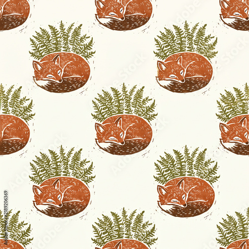 Seamless pattern featuring a cute sleeping fox curled up in green fern leaves with a rustic linocut block print style for cozy woodland themed textile design and nursery wallpaper