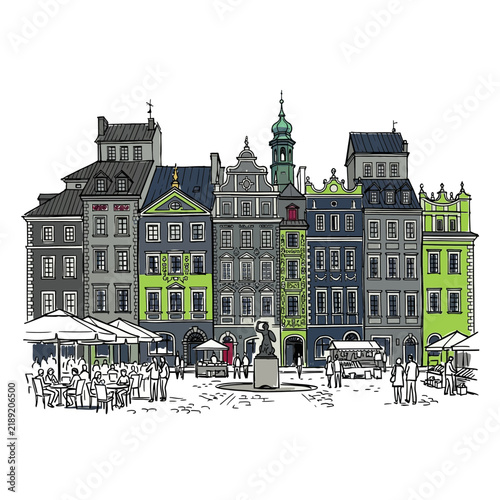 European Old Town Square, Hand-Drawn Buildings, People in Cafe