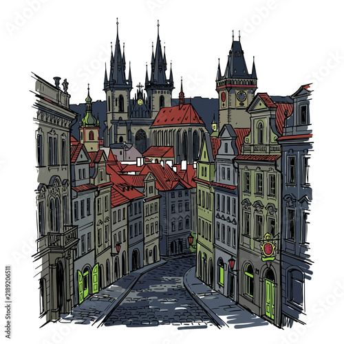European Old Town Street View with Historic Buildings and Spires