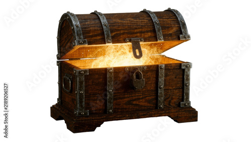 Antique wooden treasure chest with metal accents glowing with magical light, isolated on transparent background