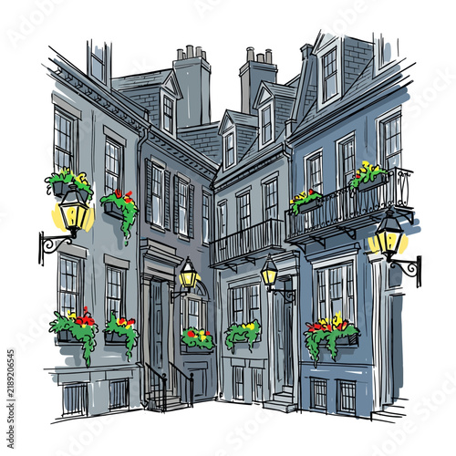 European Street Corner Illustration with Flowers and Lamps