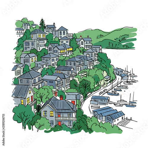 Hillside neighborhood with houses and harbor view, sketch style.