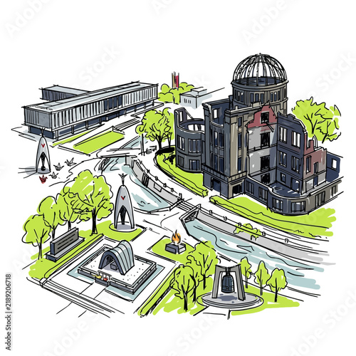 Hiroshima Peace Memorial Park drawing, atomic bomb dome ruins, monuments, city landmark