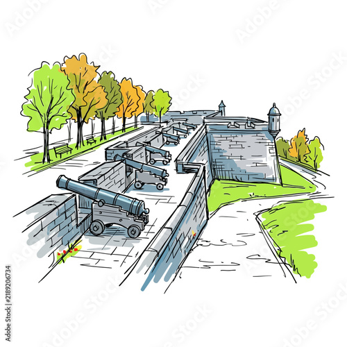 Historic Fortress with Cannons and Autumn Trees