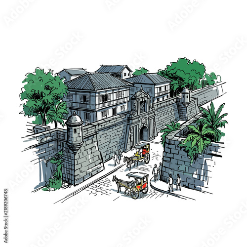 Historic Spanish colonial architecture, horse-drawn carriages and trees