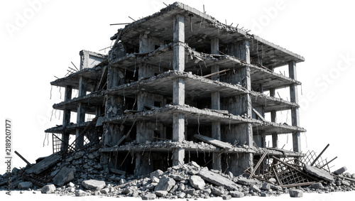 Collapsed concrete building structure with debris and exposed rebar, isolated on transparent background