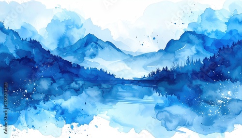 Blue watercolor landscape mountains reflected in still water with snowy peaks, trees, and soft cloud accents