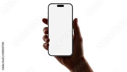 Human hand holding modern smartphone with blank screen, isolated on transparent background