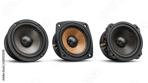 Three modern audio speaker drivers for sound system components on a white background.