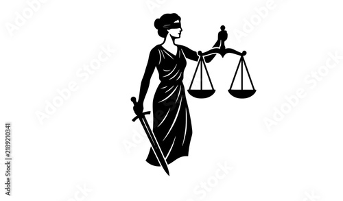 Blindfolded Lady Justice side profile with sword and balanced scales black silhouette law court vector icon