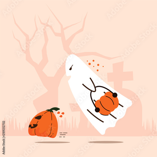 spooky jack o lantern running from cute ghost with pumpkin bucket vector illustration