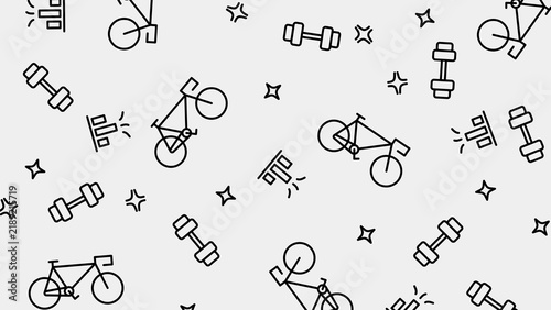Fitness and cycling seamless pattern background on white with bicycle dumbbell and health tracking icons vector illustration