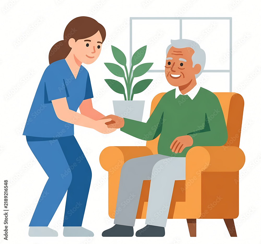 Fototapeta premium Female caregiver holding hands with elderly man in armchair illustration.