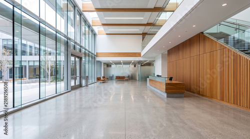 Empty modern office lobby in a modern corporate workplace setting for business and teamwork concepts