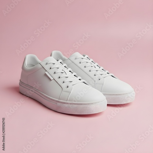 Minimalist white sneakers with clean lines displayed against a gradient pink background.