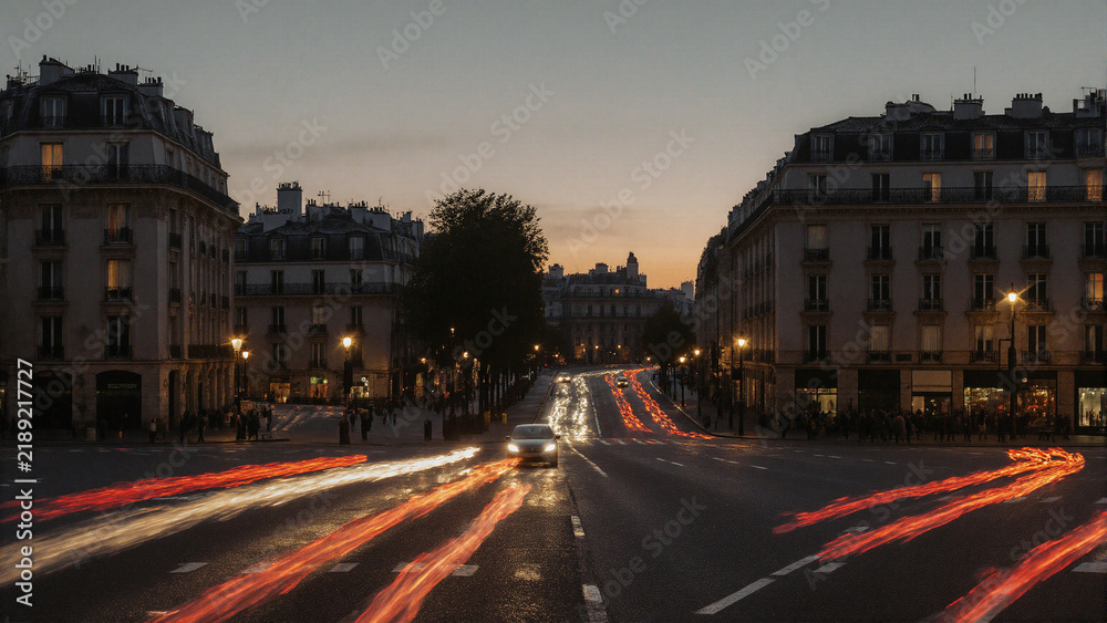 Fototapeta premium Exposition longue, paysage de nuit, filet de lumières dans la ville avec bâtiments et courbes 