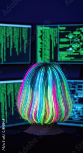 Brightly colored neon hair glows in a dark room with multiple computer screens displaying green code data and technical equipment setups, atmosphere, colorful, programming