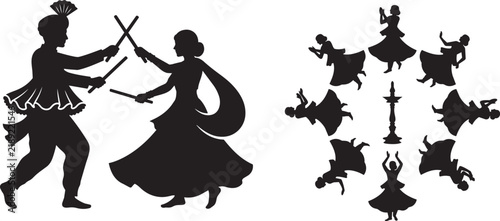 Black silhouettes of indian people performing garba and dandiya folk dance for navratri festival celebration isolated on transparent background, Vector

