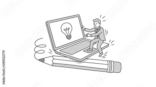 Man emerging from laptop screen on large pencil.