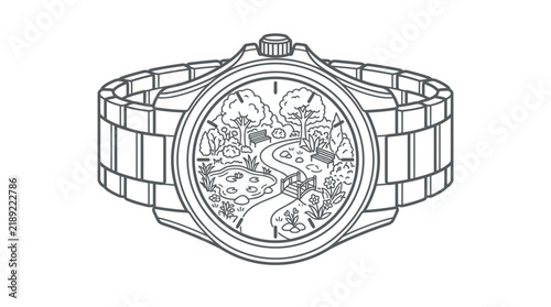 Mechanical wristwatch with detailed nature forest face