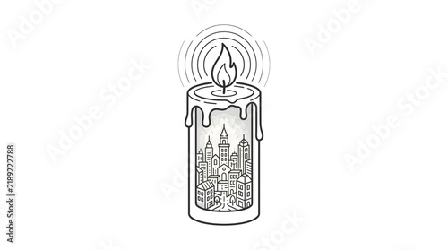 Melting candle with an urban city skyline inside.