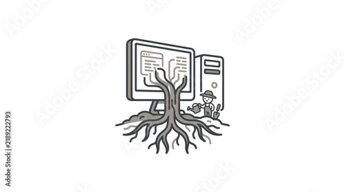 Minimalist computer illustration with tree roots and tiny gardener
