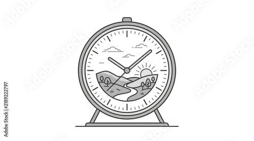 Minimalist alarm clock illustration with landscape scene inside