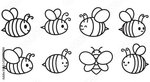 Collection of stylized bee illustrations with simple line art on a white background
